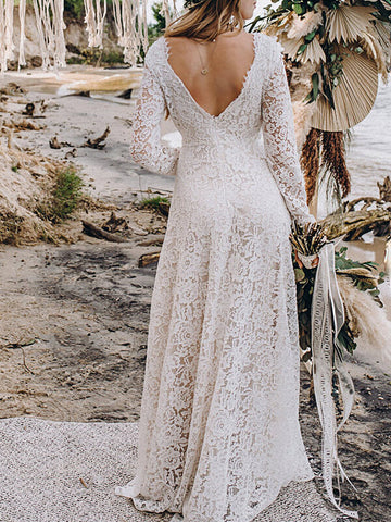 Airchics mariage robe longue dentelle dos nu v-cou manches longues élégant de soirée